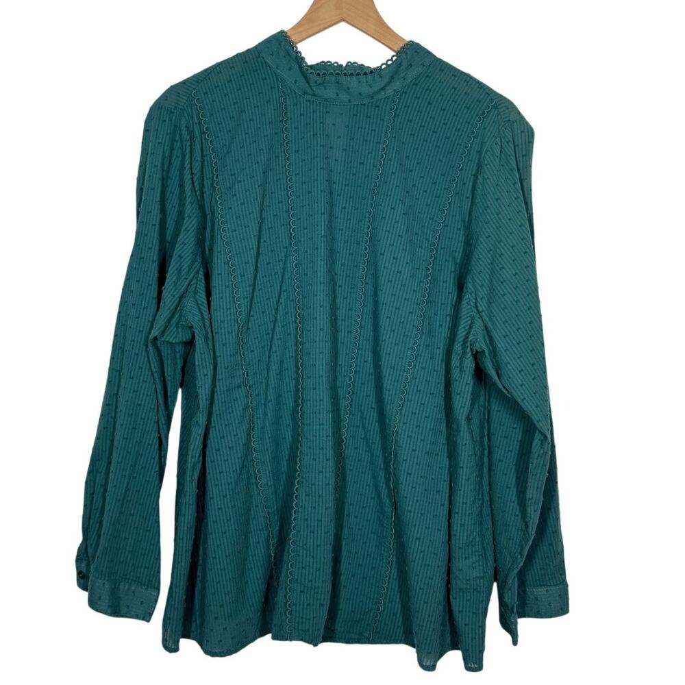 ModCloth Peasant Top Womens Plus Size 3X Green Swiss Dot Long Sleeve Boho Preppy